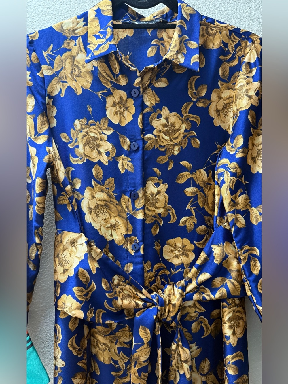 ZARA Blue Floral Satin Maxi Shirt Dress S Boho Oriental Caftan Long Sleeve - Picture 4 of 15